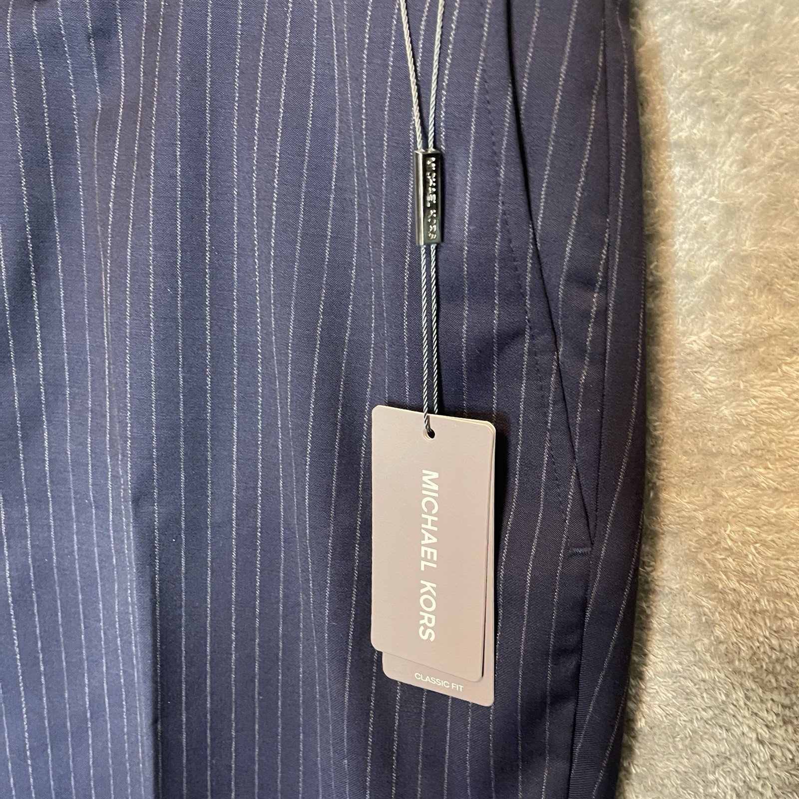 Michael Kors Malone Pinstripe Dress Pant Navy Blue Stretch Wool Blend Classic