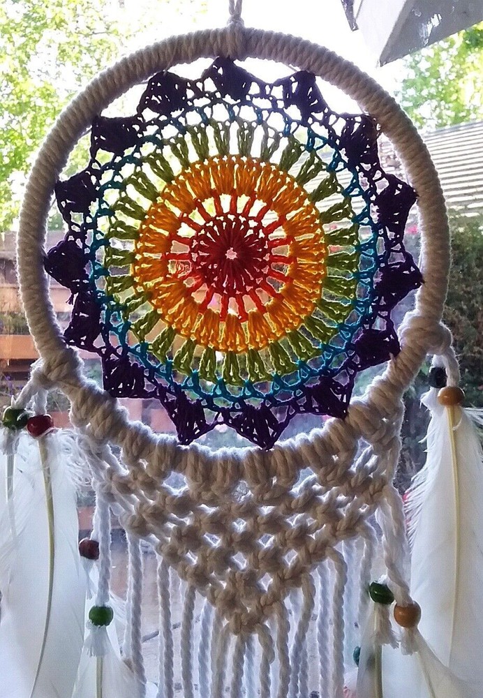 White DREAMCATCHER With Dove Feathers, Native Design Macrame Dreamcatcher