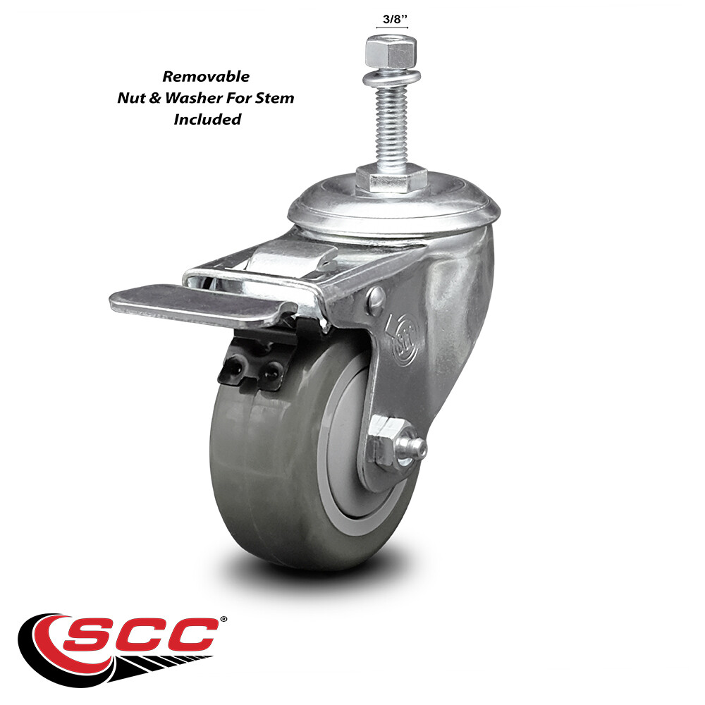 3 Inch SS Gray Polyurethane 3/8 Inch Threaded Stem Caster Set 2 Total Lock Brake