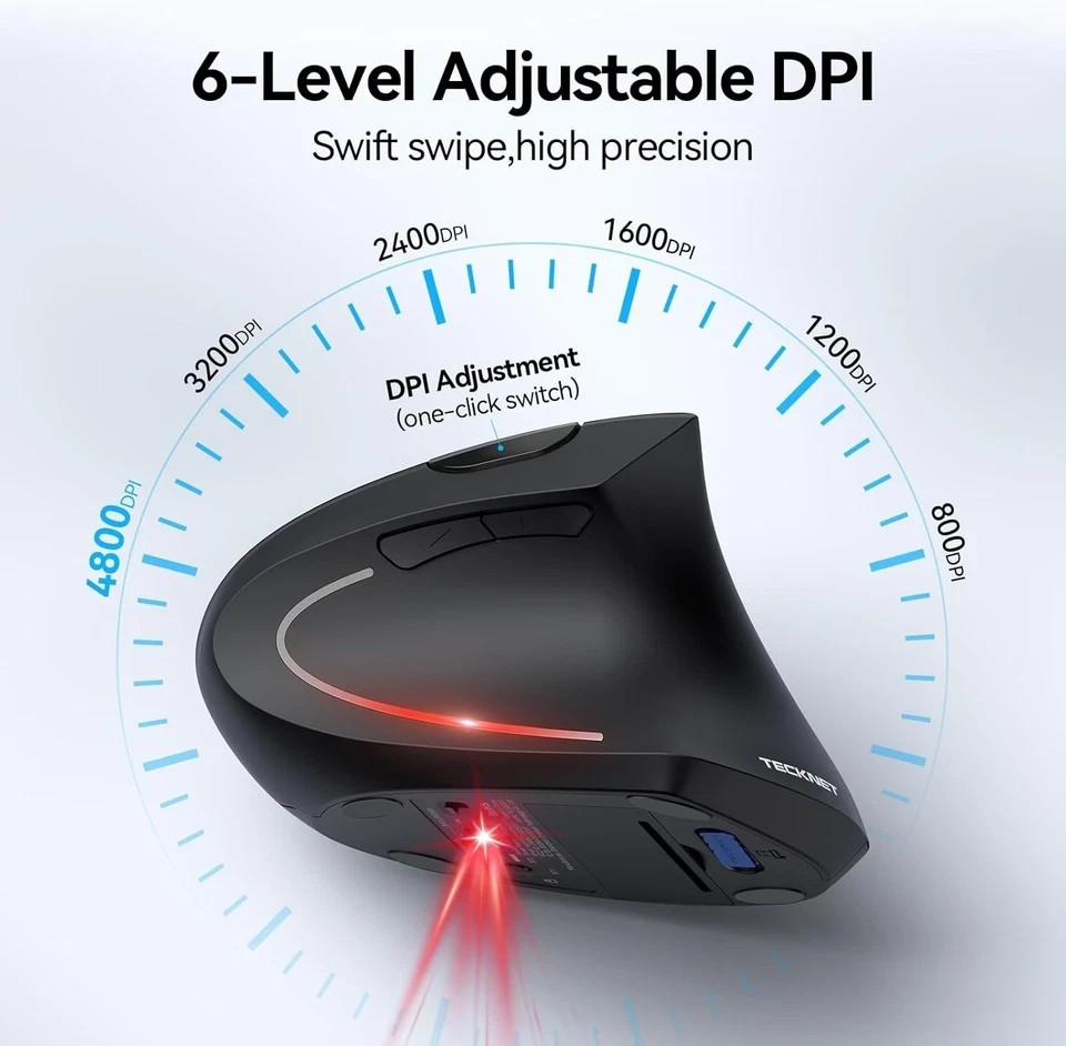 TECKNET Ergonomic, Wireless Bluetooth Vertical Mouse, 4800 DPI Optical Tracking