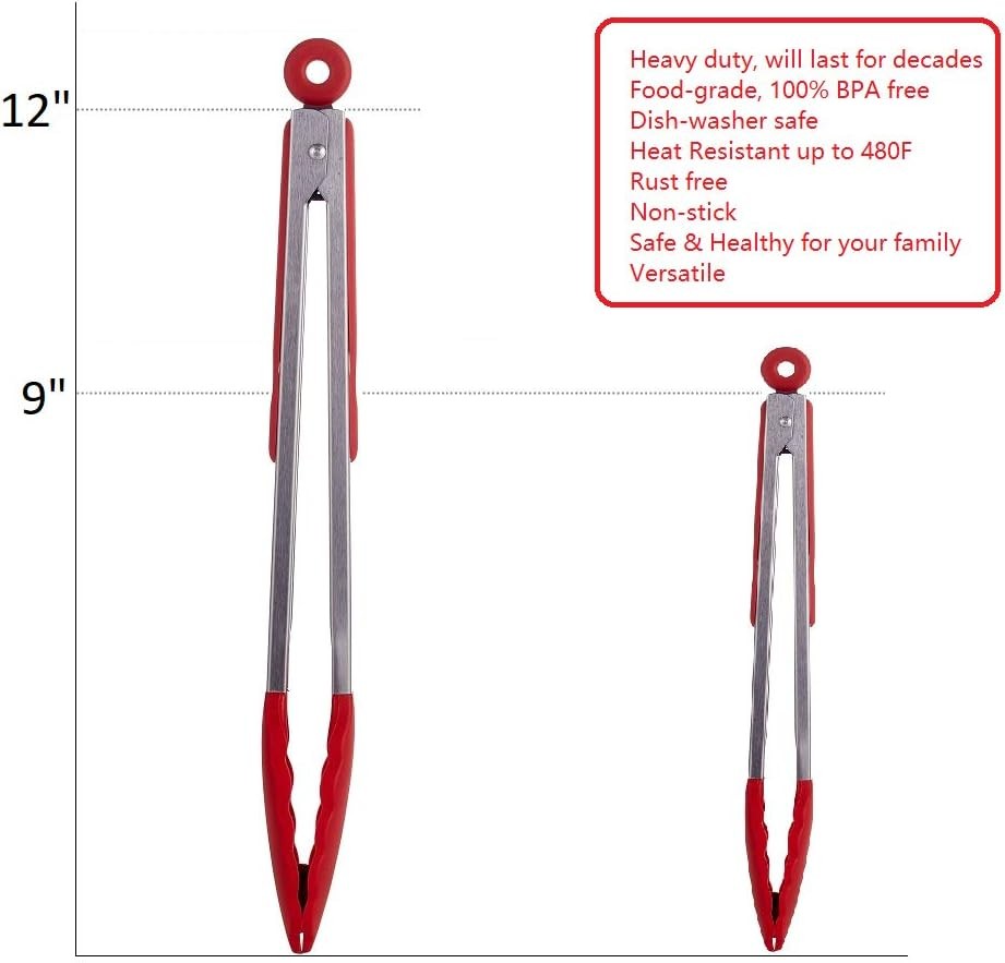 Kitchen Tongs Set of 2 – 9 inch & 12 – Stainless Steel Food Red