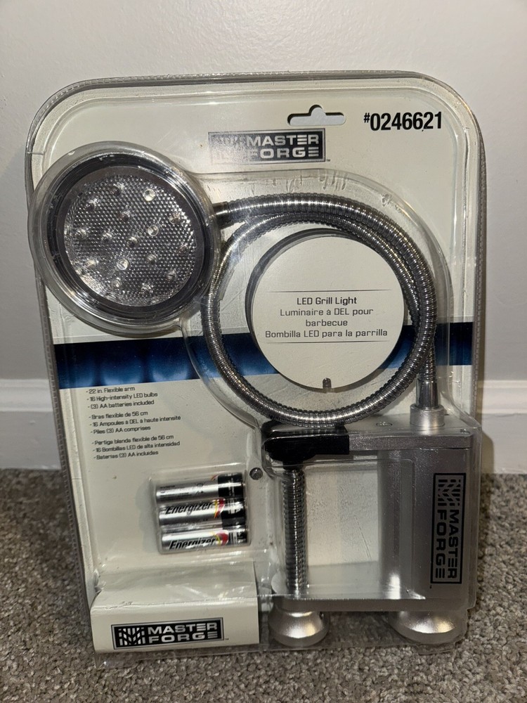 Master Forge LED grill light with a flexible arm, powered by three AA batteries
