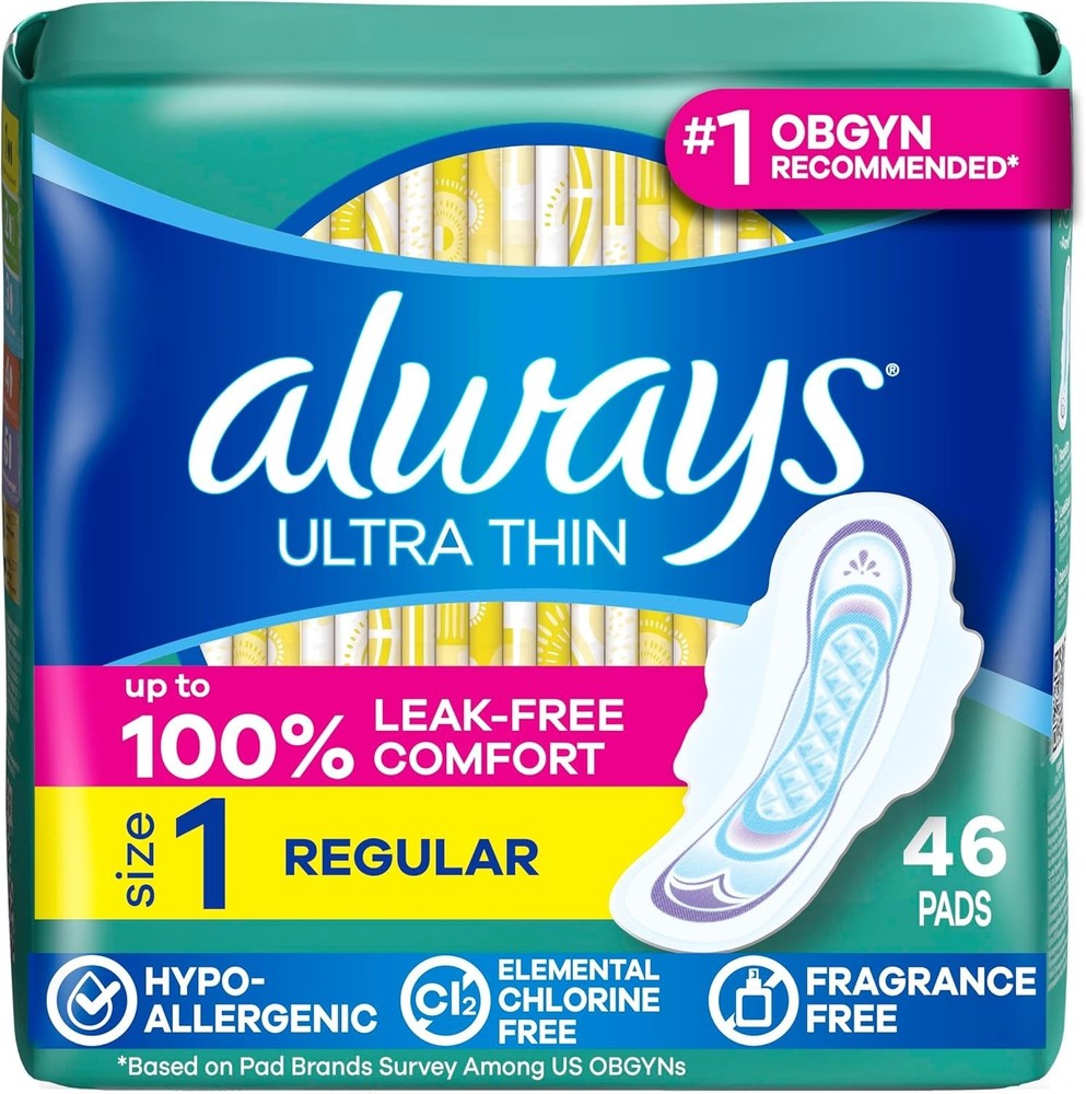 Always Ultra Thin Pads with Wings, Size 1, Regular, 46 Count