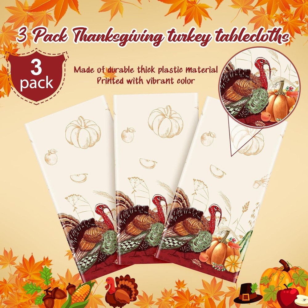3 Pack Thanksgiving Disposable Tablecloth for Rectangle 3 Pack, Multi Color