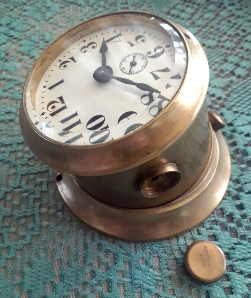 VTG ANTQ Solid Brass Maritime Ship Bulkhead Mech Wind Deck Clock◇XLT◇U.S., WWII?