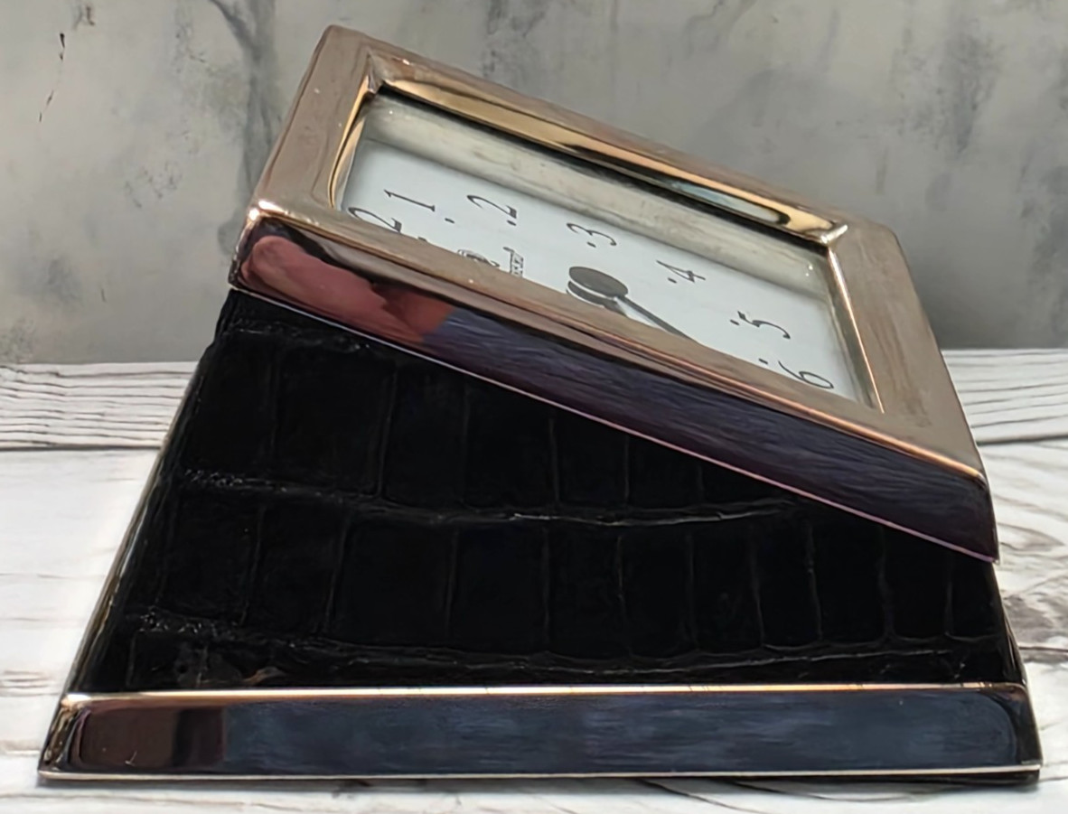 Waterford Free Standing Desk Clock, Faux Black Crocodile & Silver Plate Outline