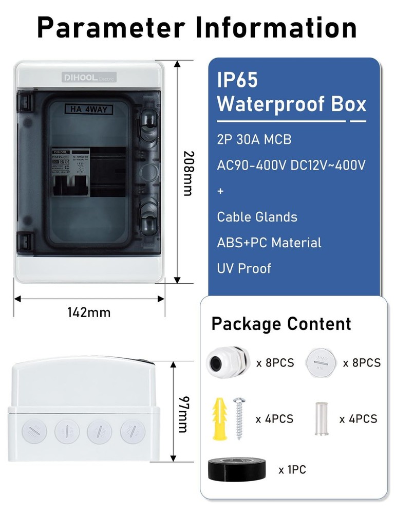 DIHOOL DC AC Breaker Box 30A Outdoor IP65 Solar Panel, PV Array, RV