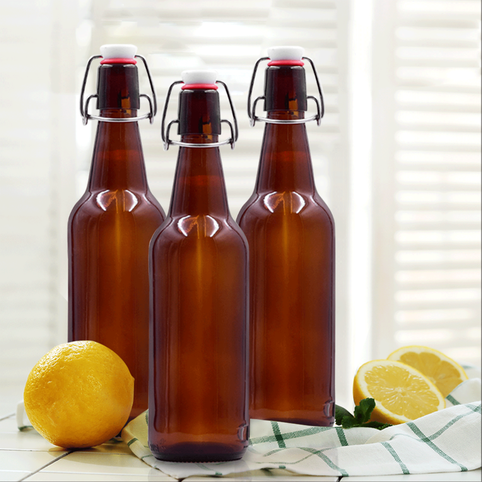 Nevlers 16 Oz. Airtight Glass Swing Top Beer Bottles - Amber Glass (Pack of 12)