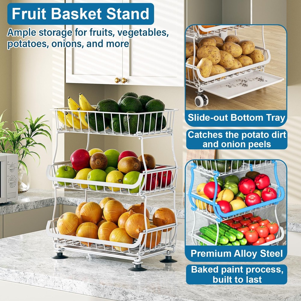 3-Tier Rolling Pantry Floor Organizer and Storage Cart with Wheels, Stackable...