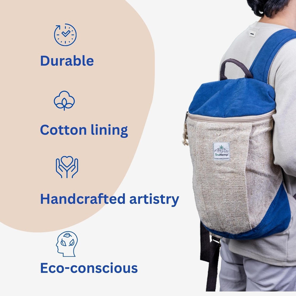 Handcrafted Hemp Backpack, Blue – Spacious & Durable Backpack with Cotton
