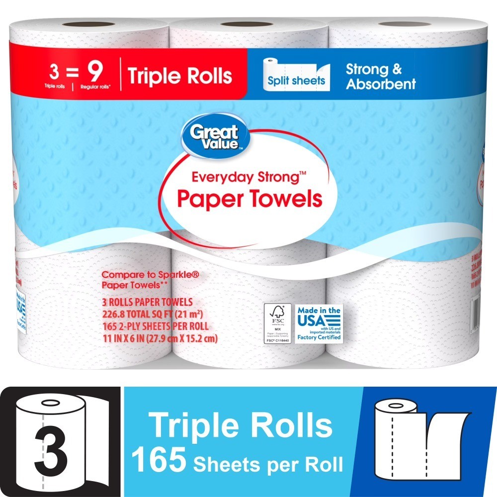 Triple Roll Paper Towels Split Sheets Everyday Strong Absorbent 3 Pack