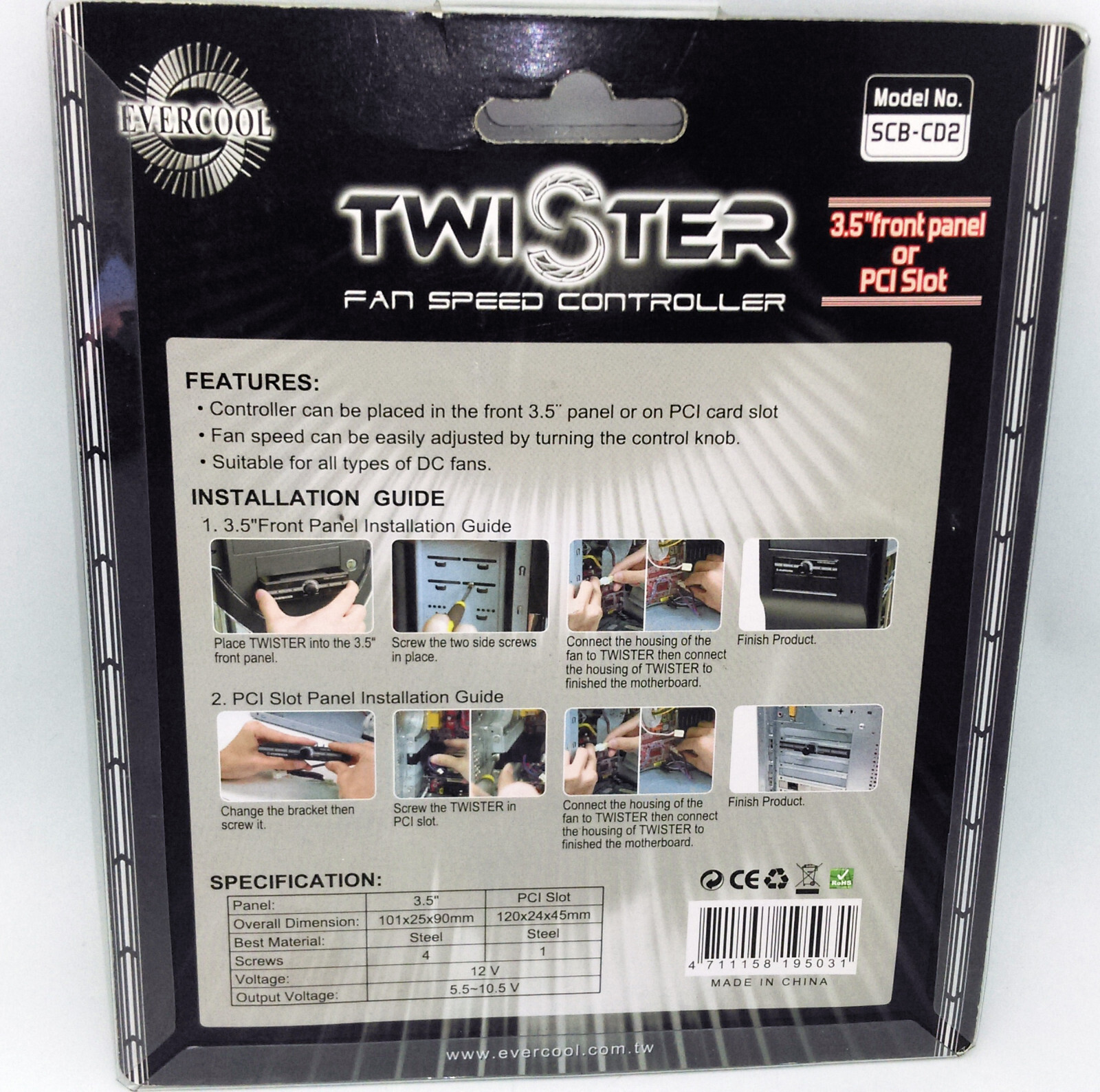 New Evercool Twister Black 3.5" Front Panel Bay or PCI Slot Fan Speed Controller