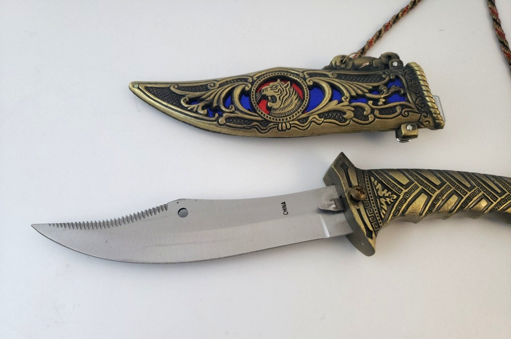 Exquisite Asian Design with-Blue/red Gemstone Silver Brass Dagger