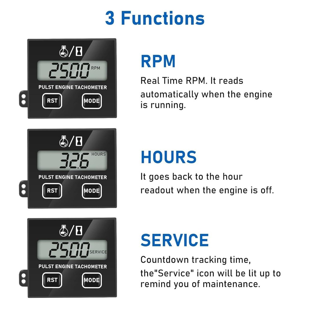 Digital Tachometer with Hour Meter for 2/4 Stroke Engines, Clip-On