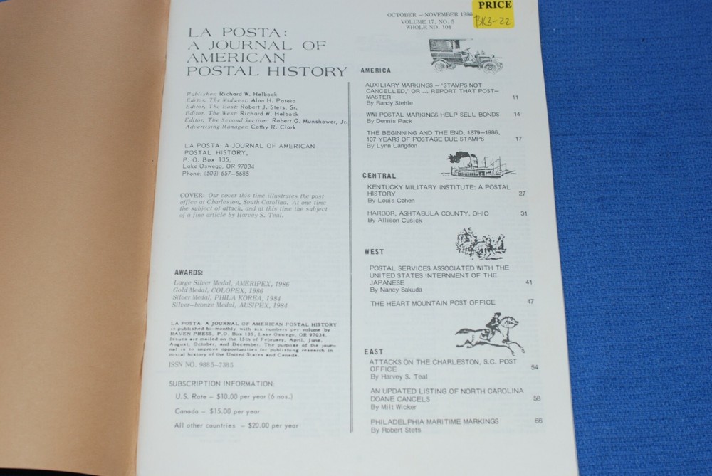 La Posta Journal American Postal History November 1986 see index BlueLakeStamps