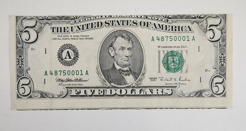 1995 $5 Federal Reserve Note Miscut Error