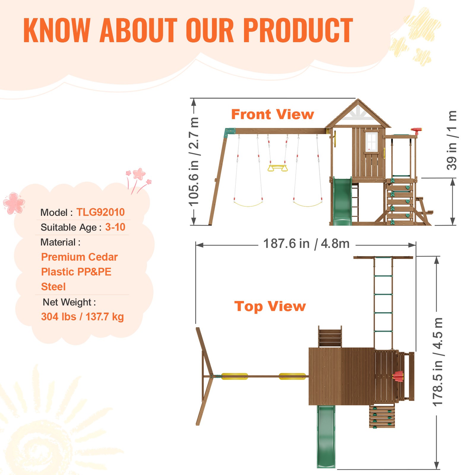 Wooden Swing Set 10 IN 1 Outdoor Playground Sets 6 FT Slide Upper Fort