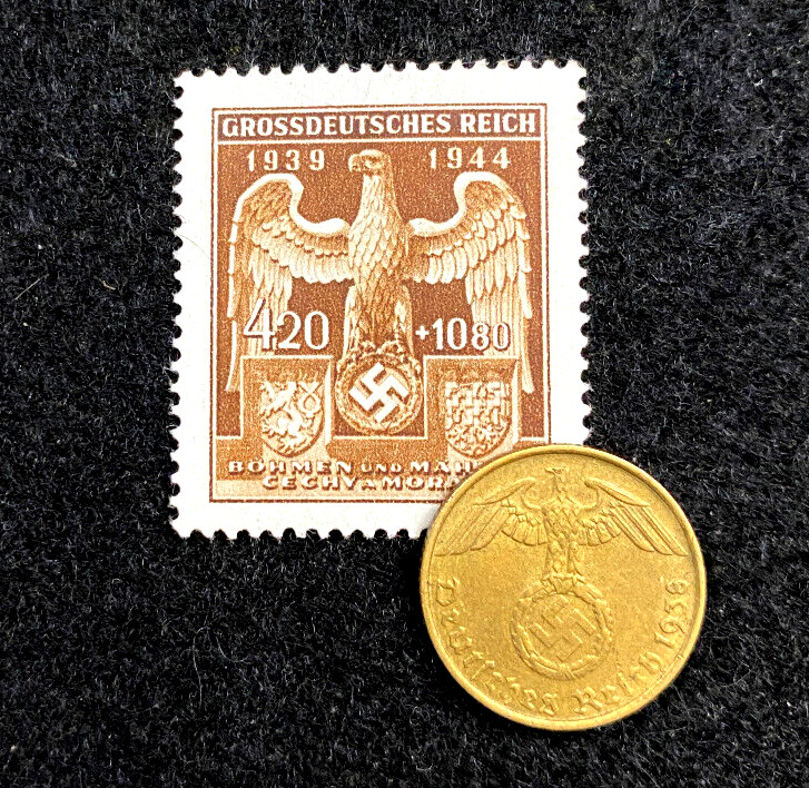 WWII Germany 5 Reichspfennig Coin 1936-1939 & Golden Eagle Stamp 420+1080 Set