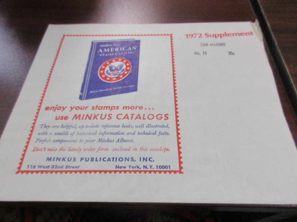 "MINKUS" STAMP ALBUM 1972  SUPPLEMENT SAN MARINO  W/FREE SHP.
