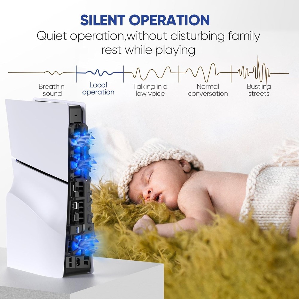 Enhanced PS5 Slim Cooling Fan - LED Light, Auto Memory Function, Compact Design