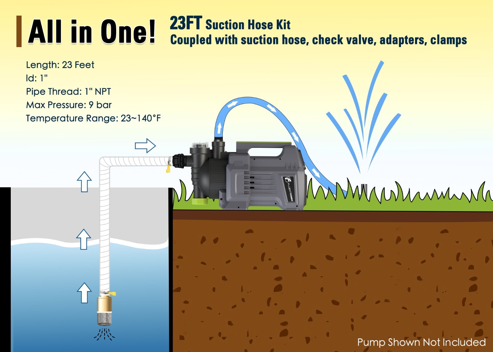 FLUENTPOWER 23FT x 1" Suction Hose Kit with Brass Fitting Check Valve