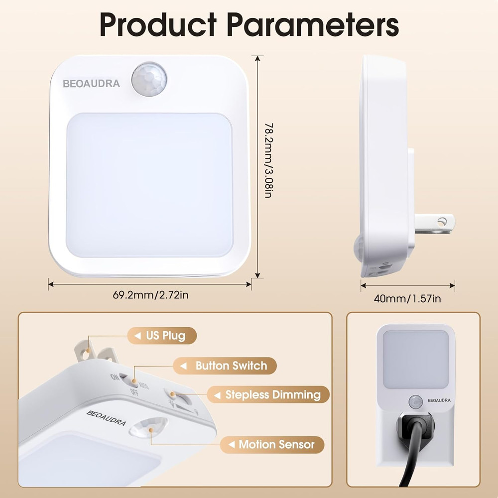 Plug-In Motion Sensor Lights with Adjustable Brightness, Warm White Motion Activ