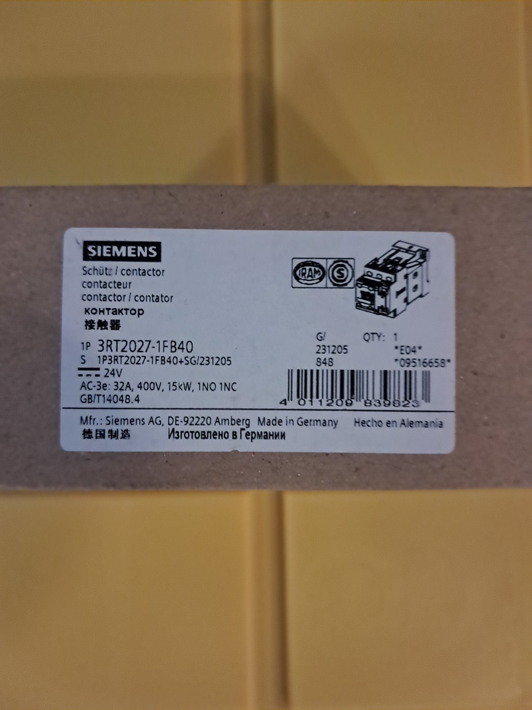 New Siemens 3RT2027-1FB40 Contactor 24V 32A 1NO,1NC