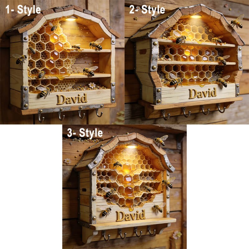 Personalized Bee Hive Key Holder, Honeycomb Wall Hook Rack Rustic Gift