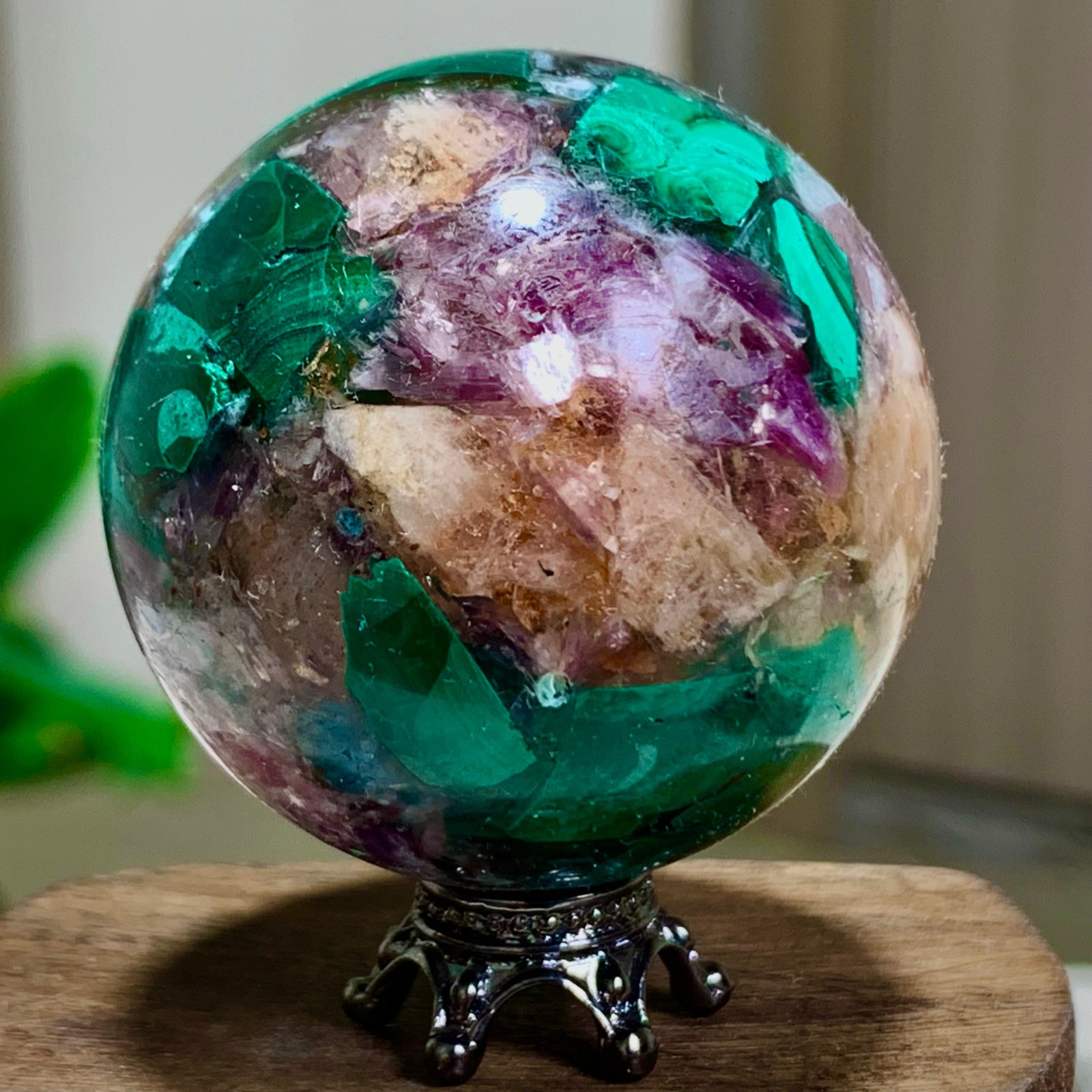 84G Newly discovered rare malachite purple mica symbiotic sphere restoration
