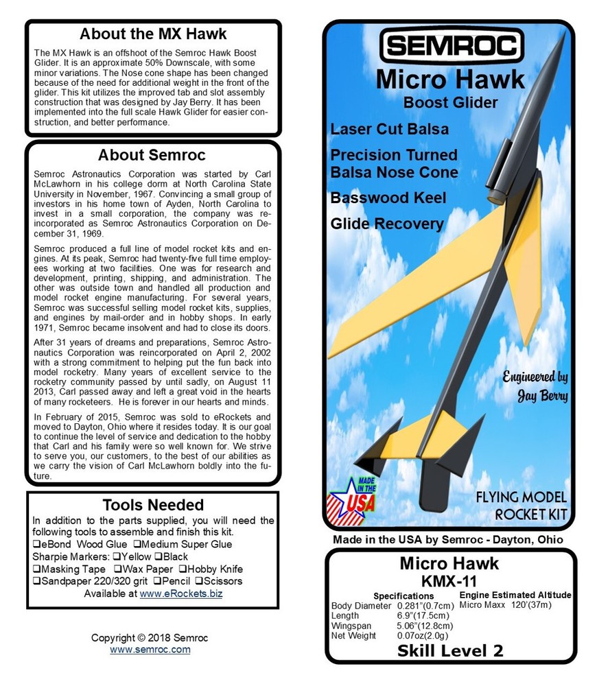 Semroc Flying Model Rocket Kit Micro(MX) Hawk™ KMX-11