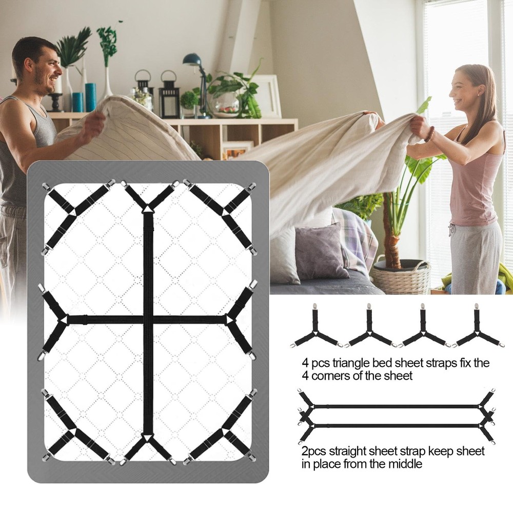 Secure Bed Sheet Straps – 6 PCS Adjustable Fitted Sheet Clips for Full Size Beds