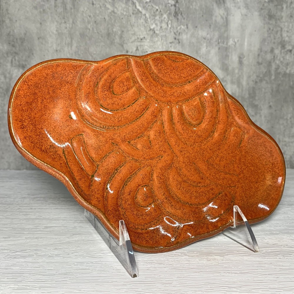 Studio Art Pottery Rusty Orange Embossed Arabesque Patterned 9 x 6" Tray
