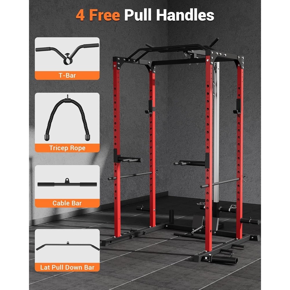 Power Cage w/ LAT Pull Down System, Multi-Functional Squat Rack w/Low Row System