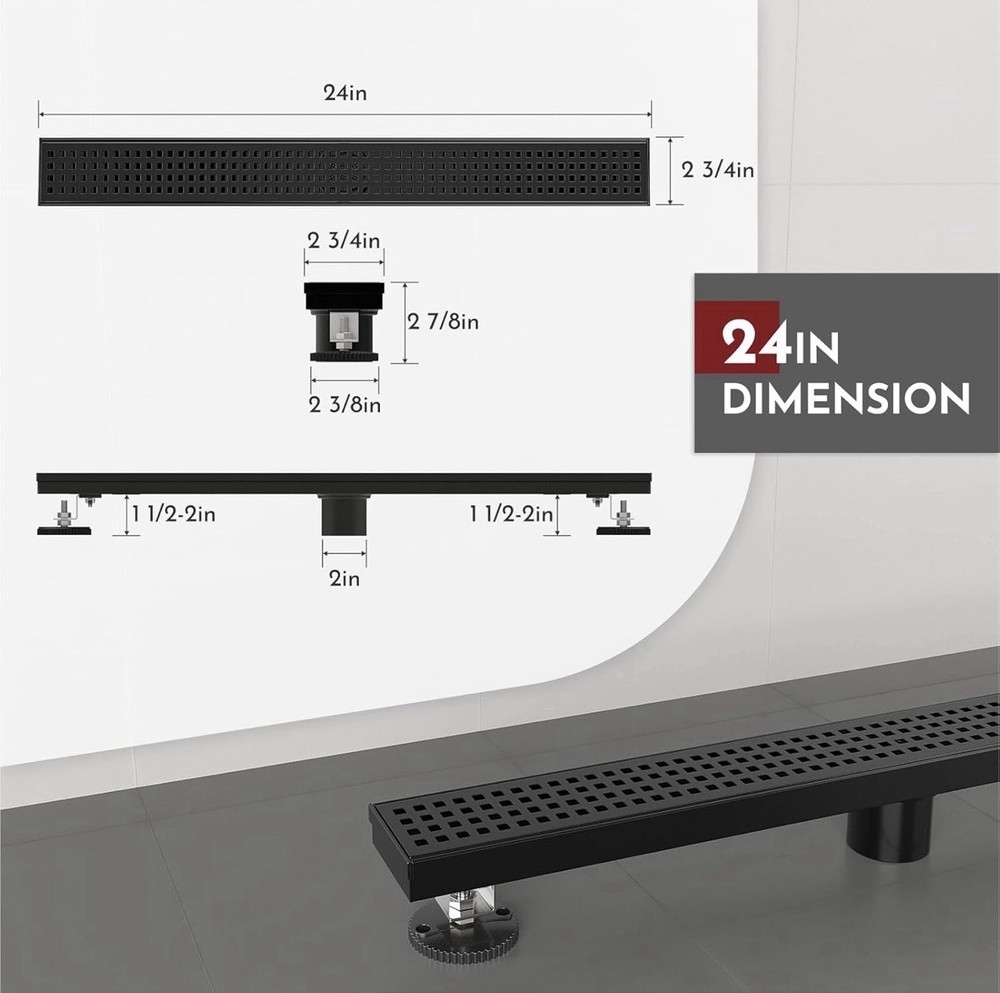 24 Inch Shower Linear Rectangular Removable Cover Grate Floor Drain Matte Black