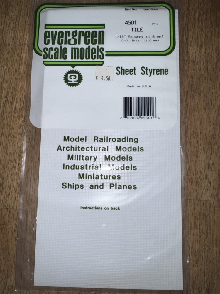 Evergreen Scale Models 4501 Styrene Square Tile 1/16" New