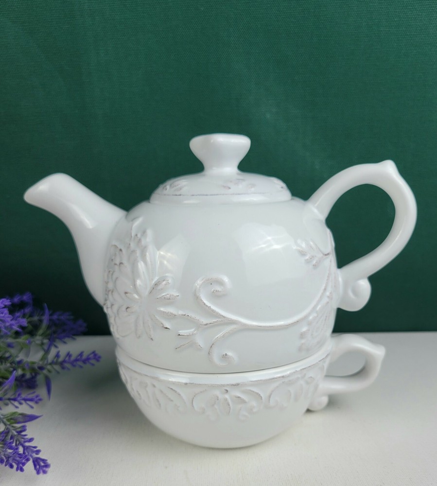 Dena Home Stackable Teapot + Cup - White Embossed Scroll/Floral