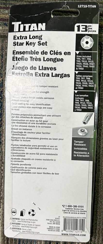 Titan 12715 Extra Long Star Key Set 13pc