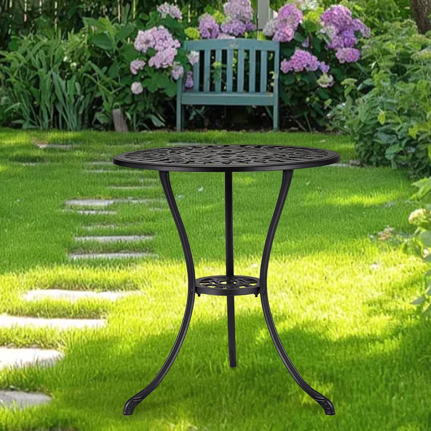 Round Patio Dining Table Cast Aluminum Outdoor Bistro Table With Umbrella Hole