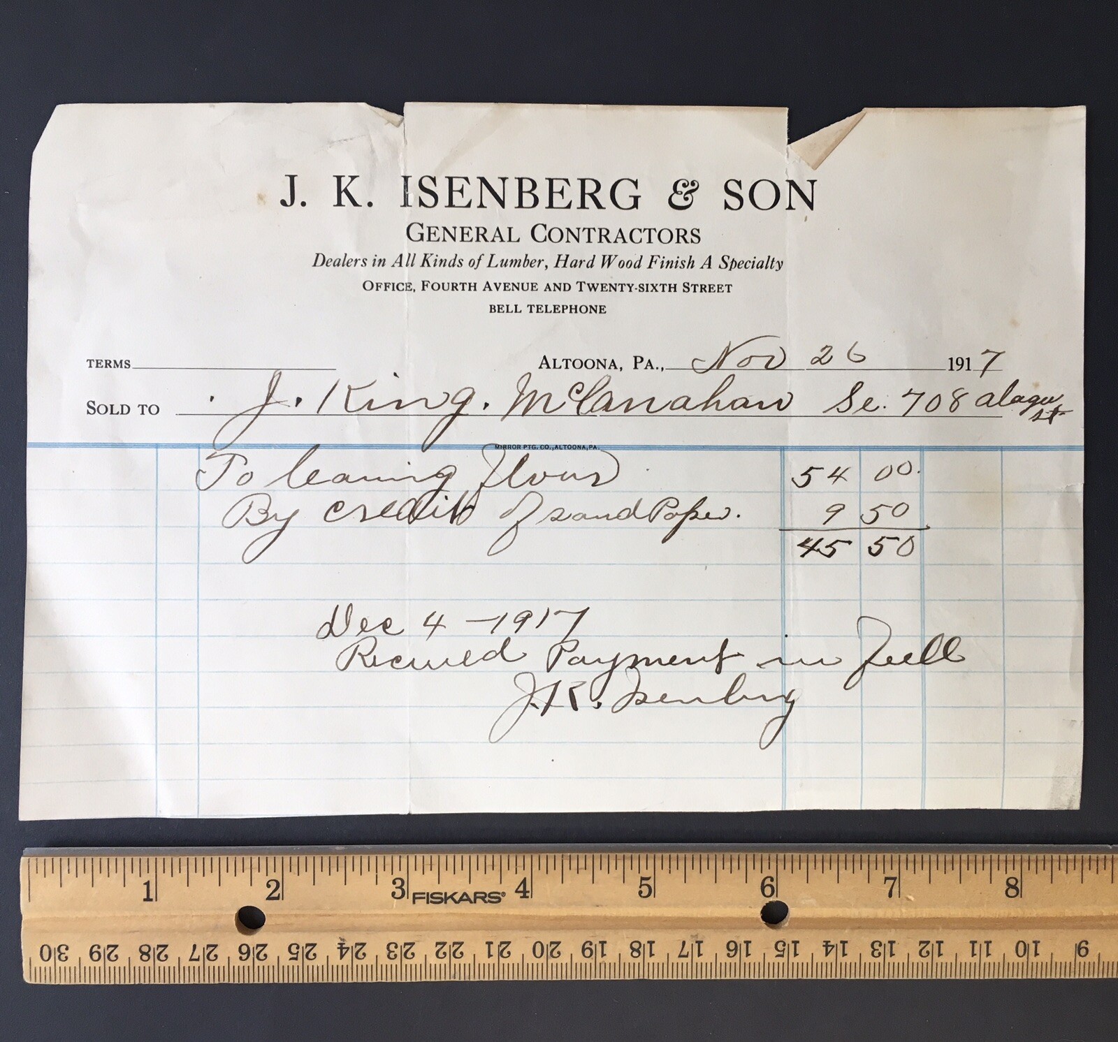 J.K. Isenberg & Son General Contractors Billhead 1917 Altoona Pennsylvania