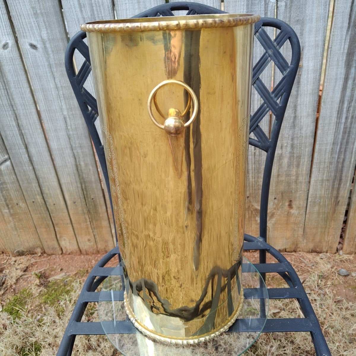 Vintage Brass Umbrella Cane Holder Stand 18" with Decorative Handles Asian Motif