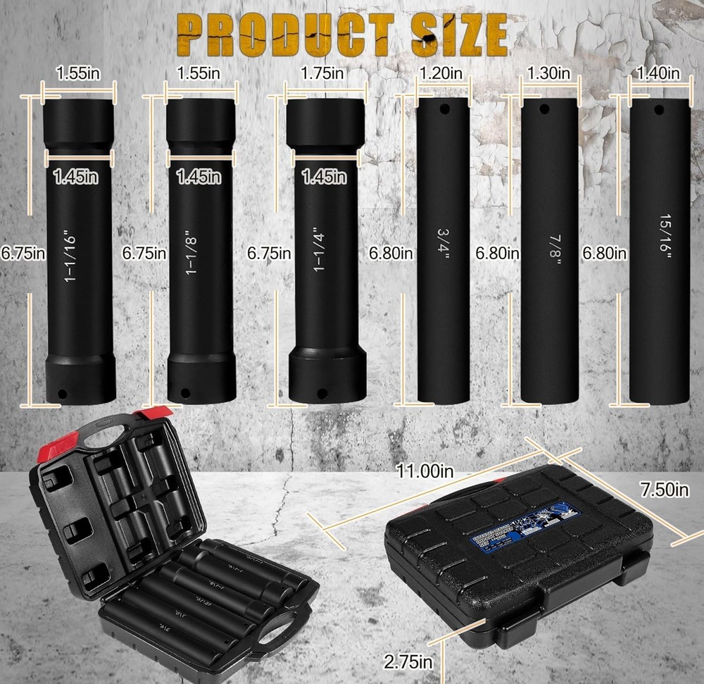 1/2 Inch Drive Extended Length Impact Socket Set 6Pcs, Extra Deep Socket Set Kit