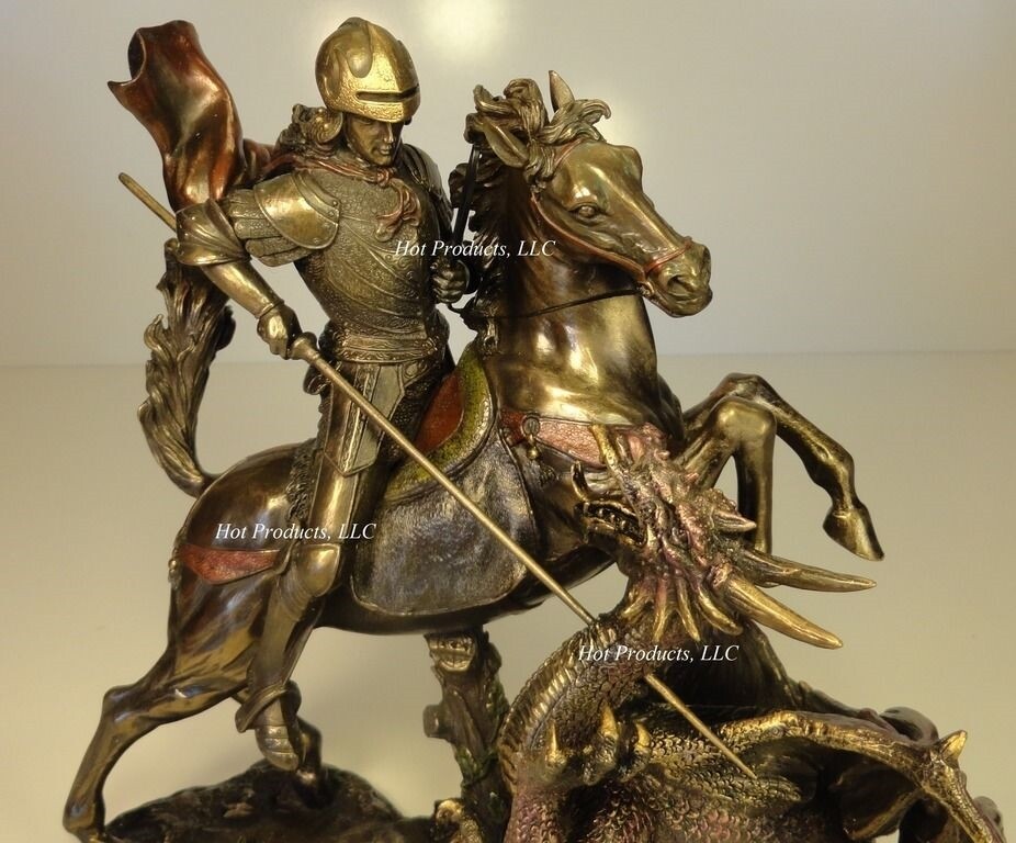 LARGE St George THE DRAGON SLAYER Sculpture Statue Bronze Finish