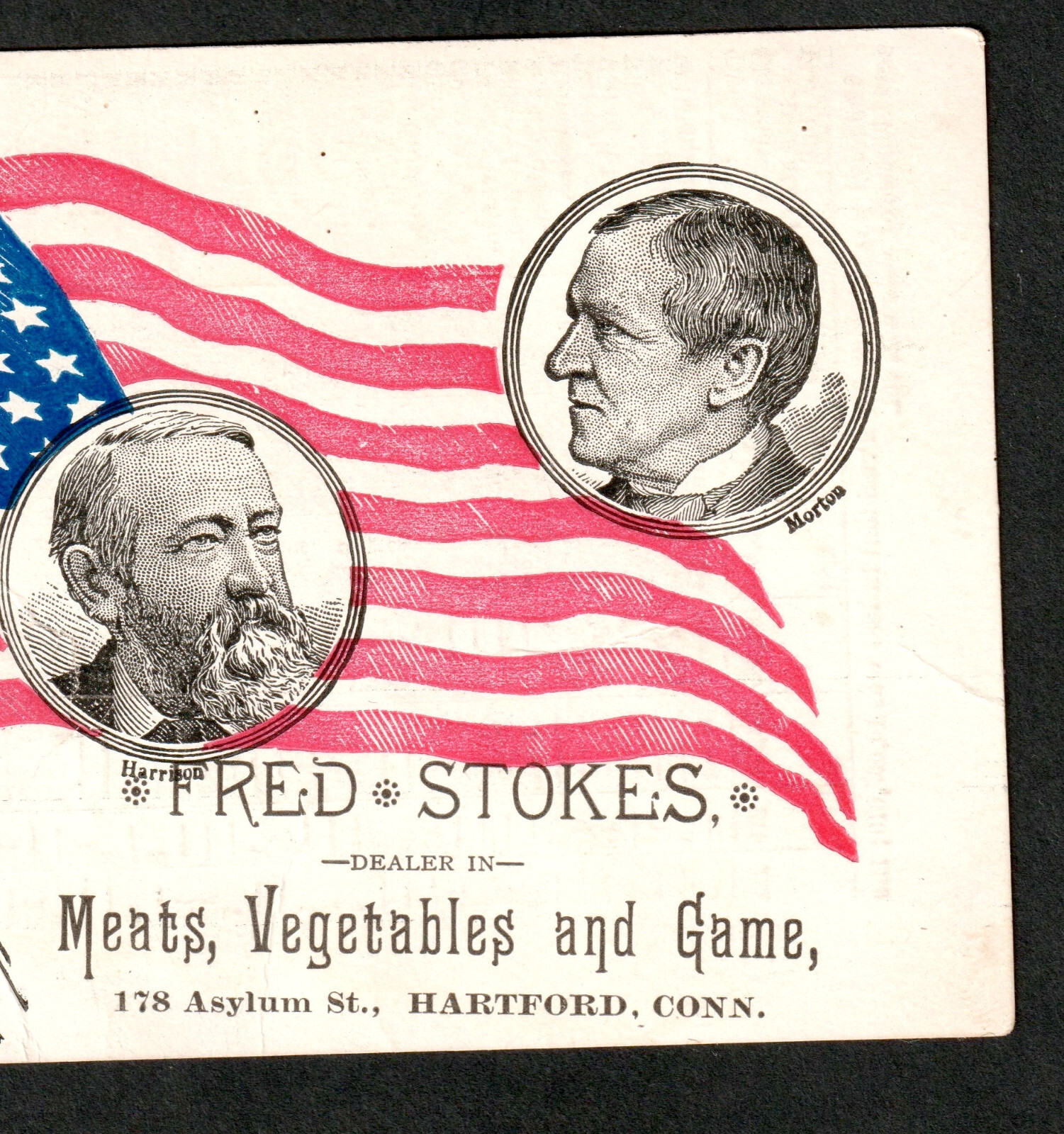 Pres. Grover Cleveland 1884 Election Fred Stokes Hartford CT Flag Adv Trade Card