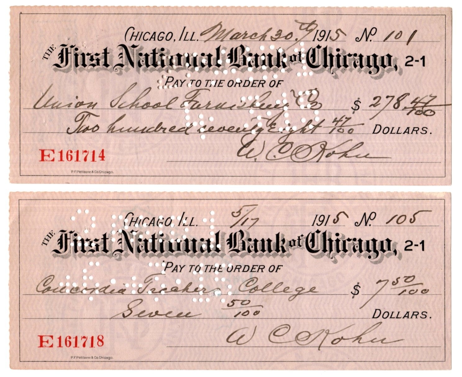 2 - 1915 CHICAGO IL FIRST NATIONAL BANK OF CHICAGO BANK CHECKS - 108 YEARS OLD