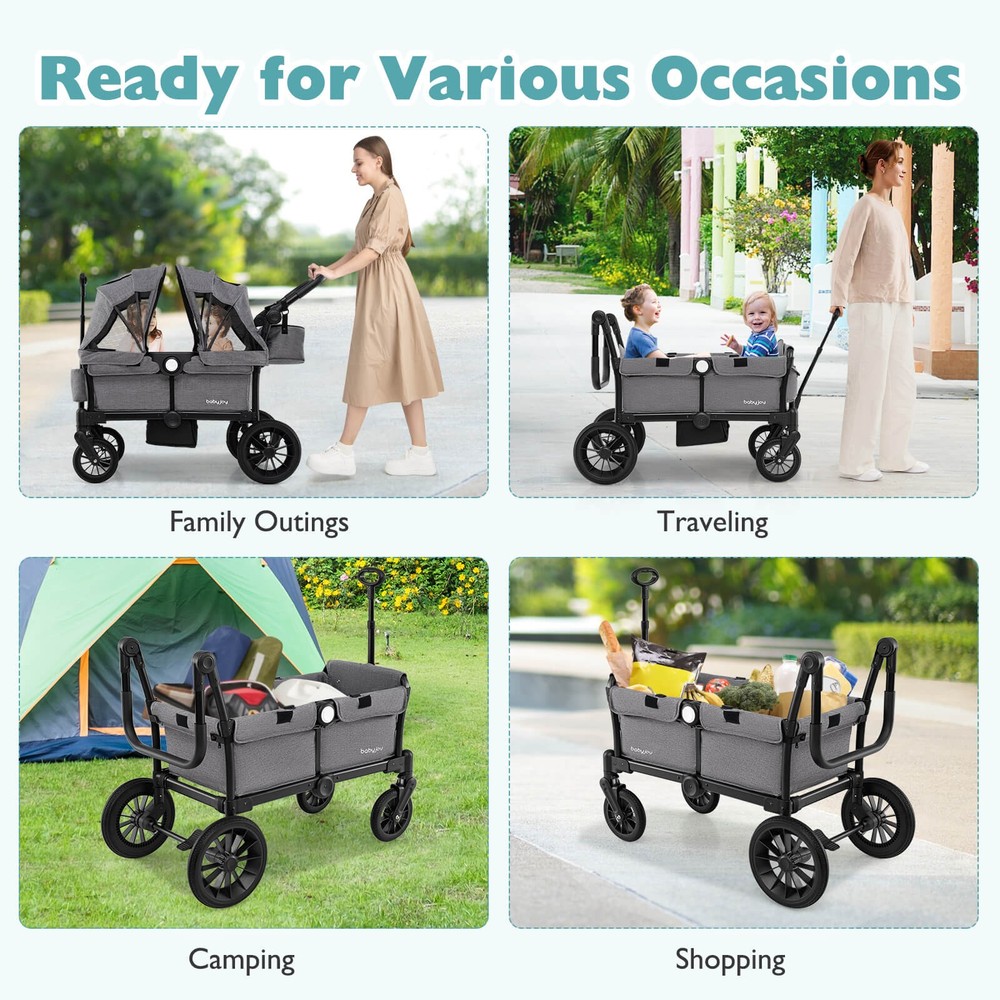 Wagon Stroller for 2 Kids Push Pull Double Stroller with Adjustable Handle