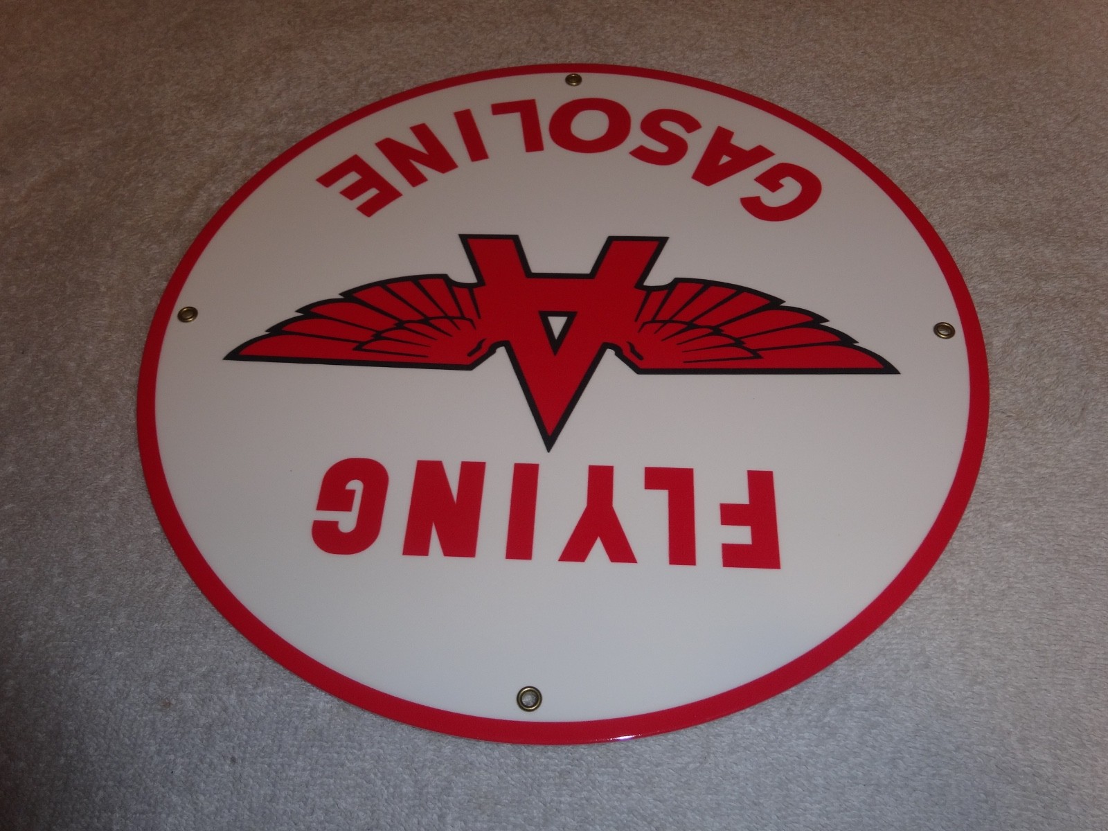 VINTAGE FLYING A GASOLINE WHITE 11 3/4" PORCELAIN METAL SERVICE STATION OIL SIGN