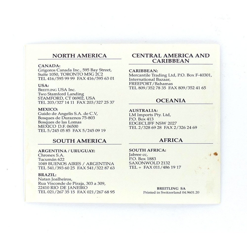 BREITLING AUTHORIZED DISTRIBUTORS CARD