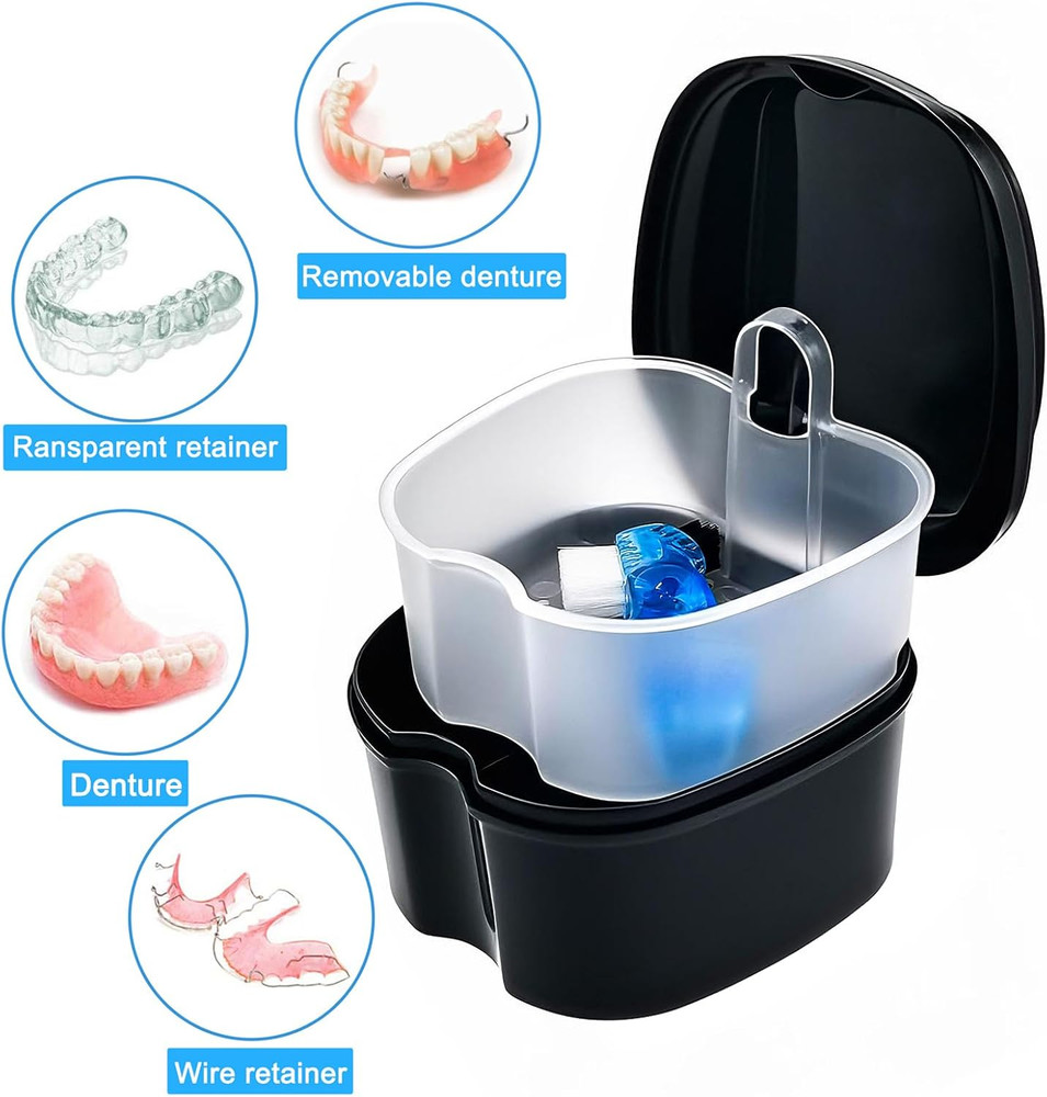 Black Denture Soaking Container Partial Denture Case, Orthodontic Retainer Clean