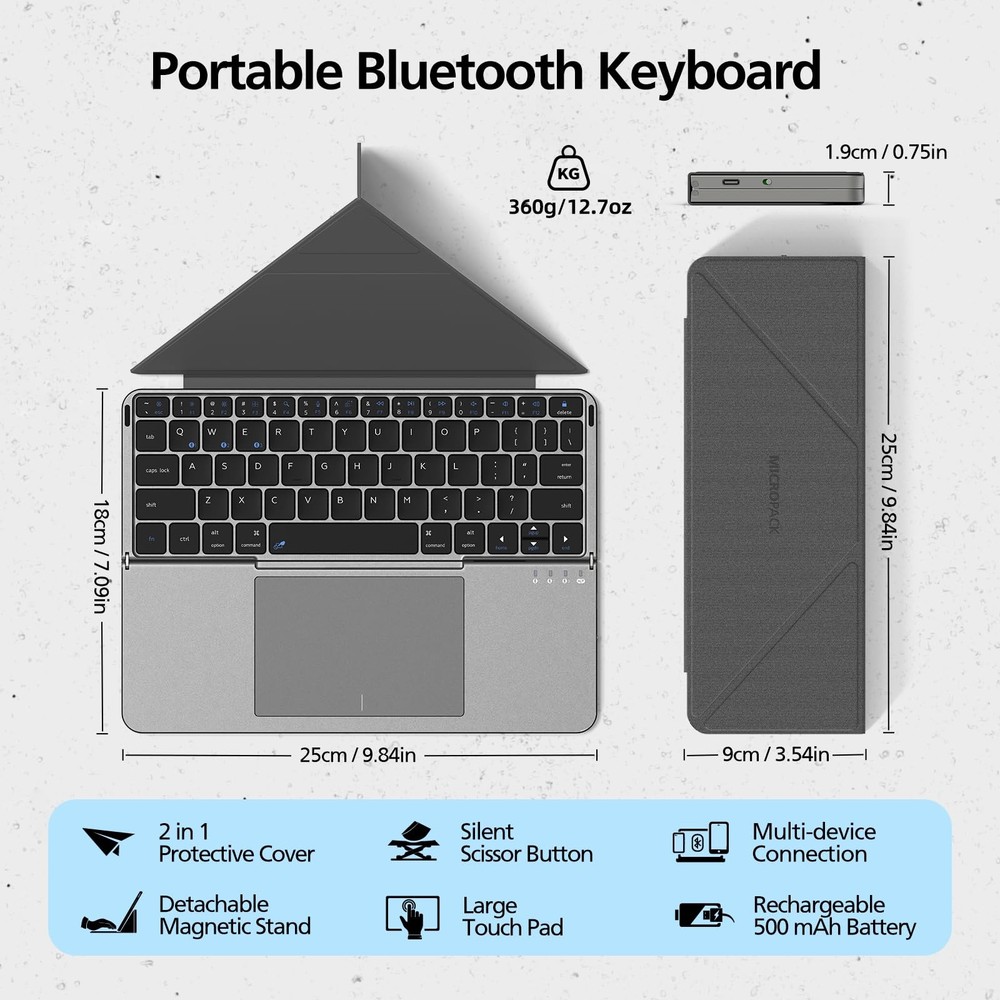 MicroPack Foldable Bluetooth Keyboard with Touchpad & Stand for Grey