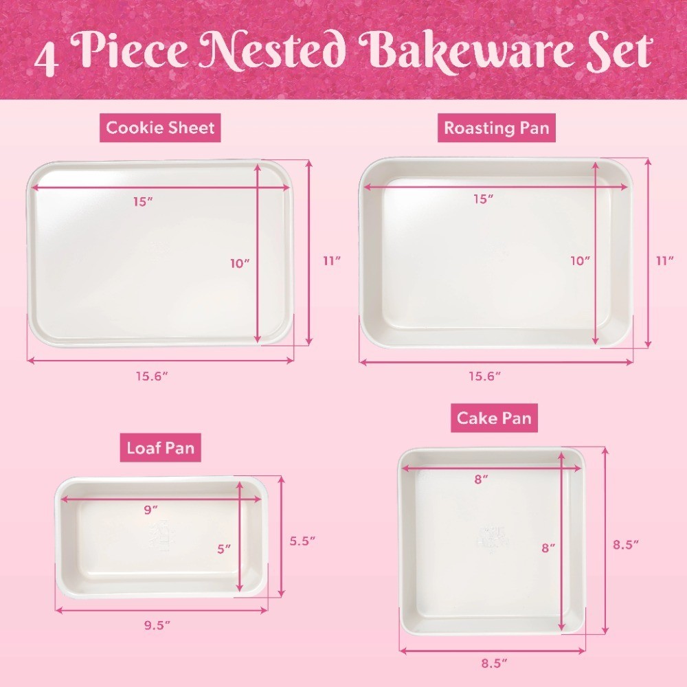 Pink Nonstick 4-Piece Nesting Bakeware Set Roaster Cookie Sheet Cake Loaf Pan